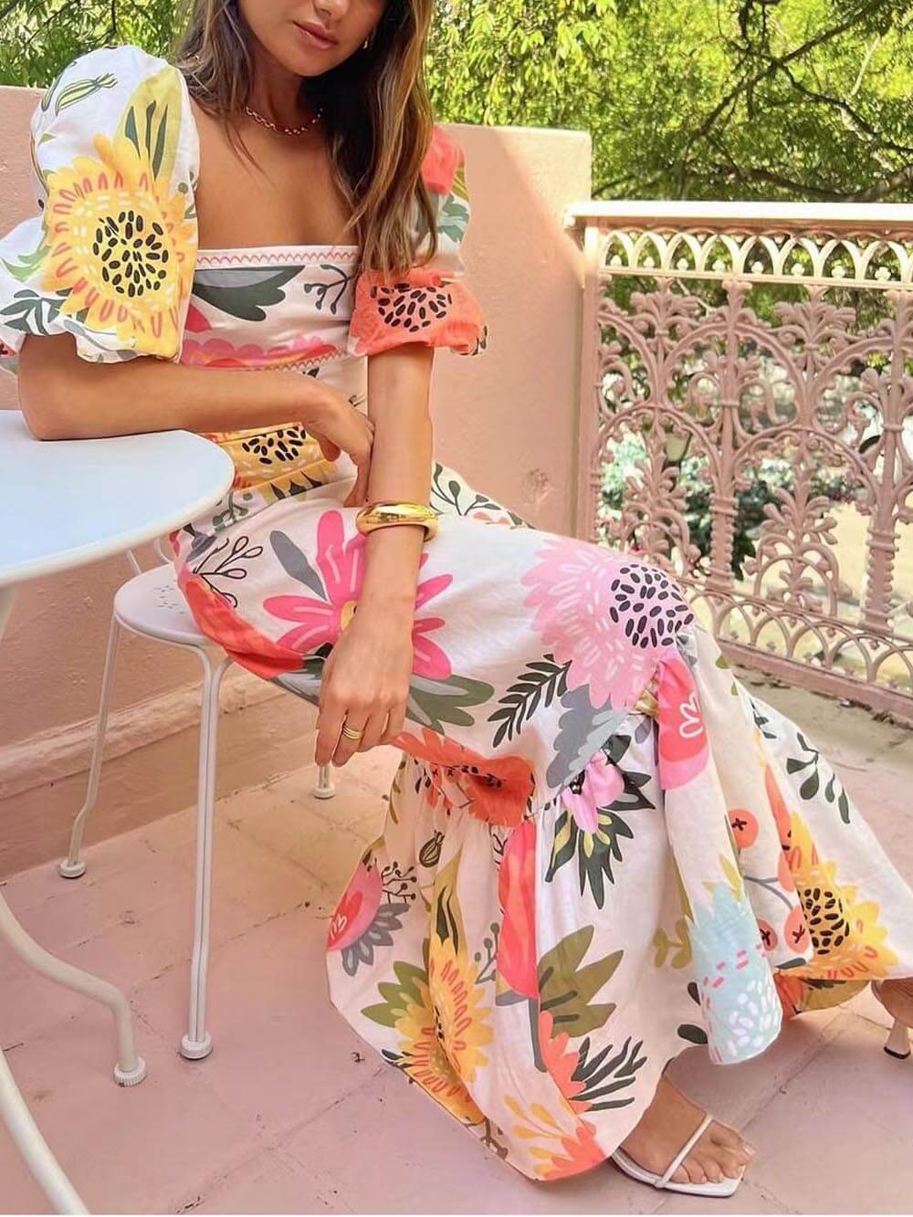 Connie - Floral Print Square Neck Bubble Sleeve Maxi Dress