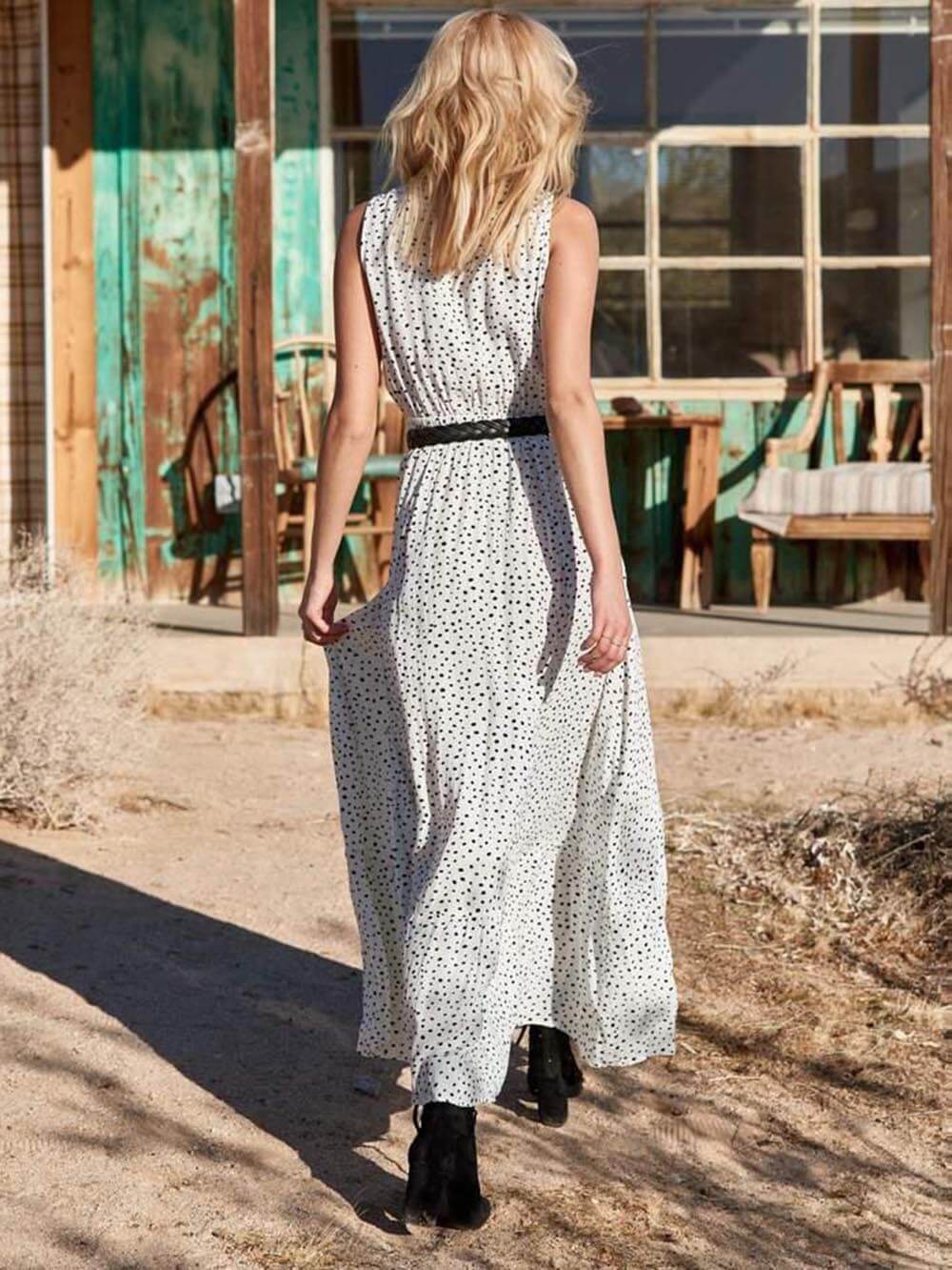 Bohemian V-Neck Sleeveless Polka-Dot Maxi Skirt