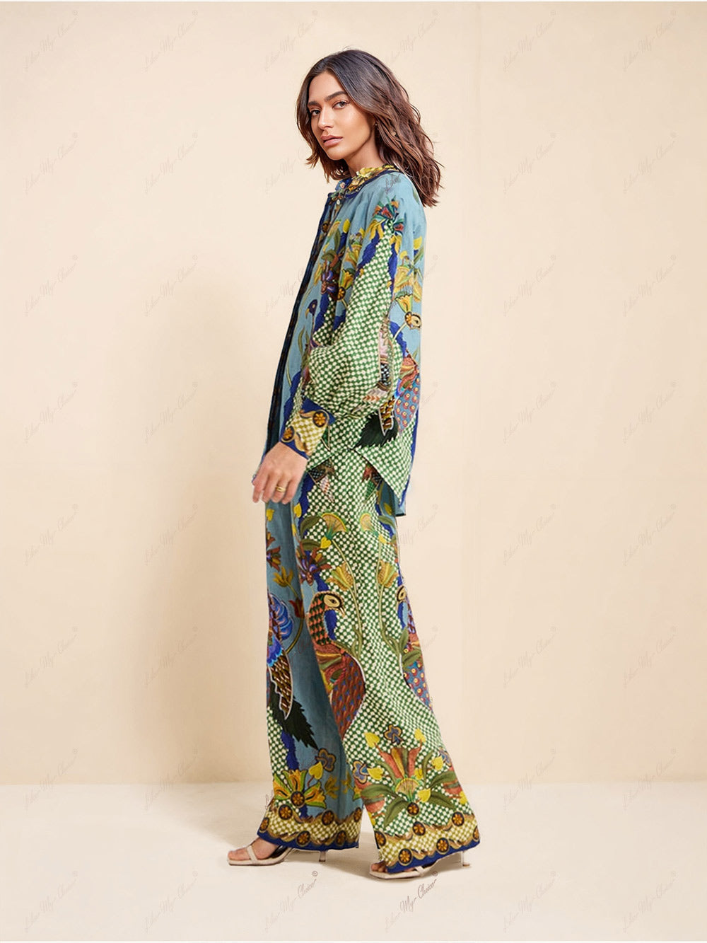 Clara - Unique Printed Puff Sleeve Holiday Casual Lanyard Suit