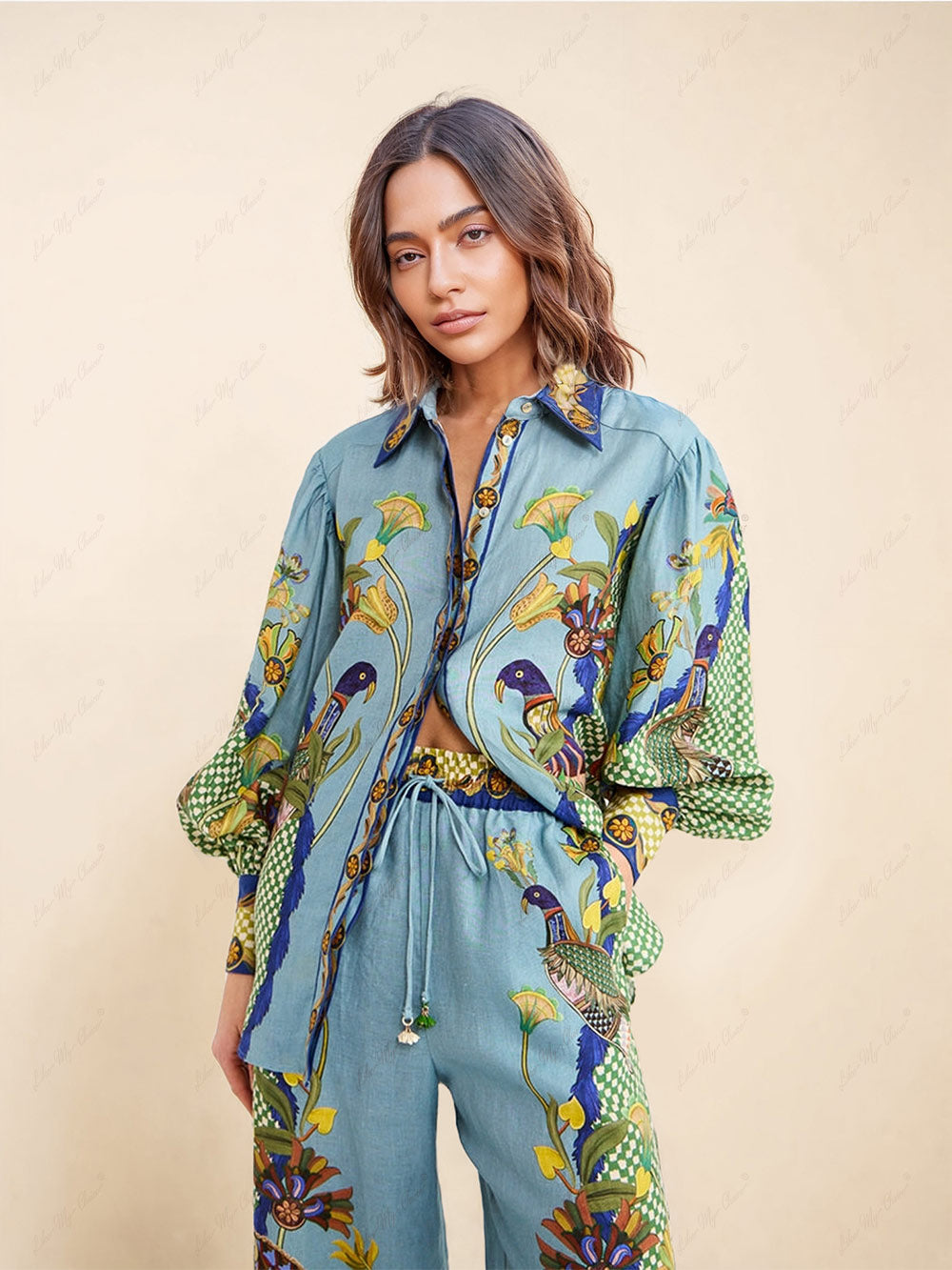 Clara - Unique Printed Puff Sleeve Holiday Casual Lanyard Suit