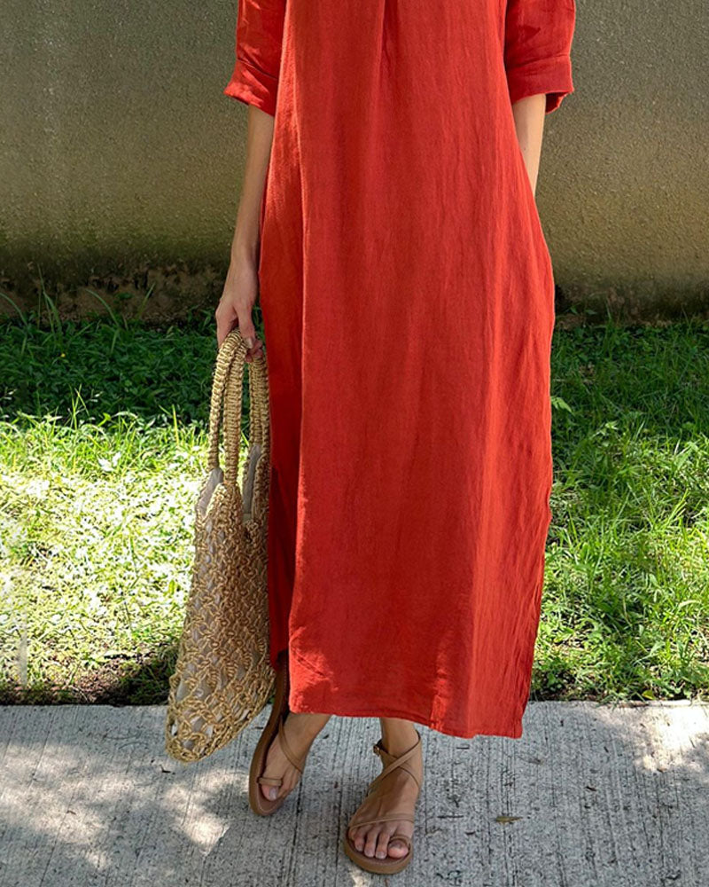 Casual Solid Color V-Neck Loose Cotton Linen Dress