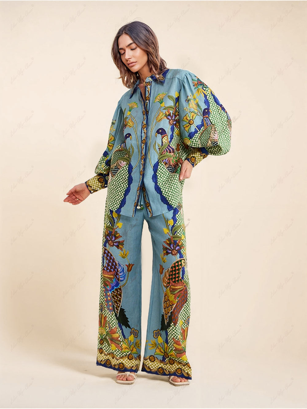 Clara - Unique Printed Puff Sleeve Holiday Casual Lanyard Suit