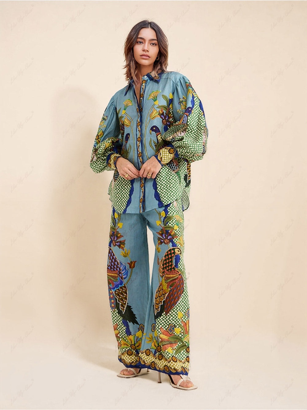 Clara - Unique Printed Puff Sleeve Holiday Casual Lanyard Suit