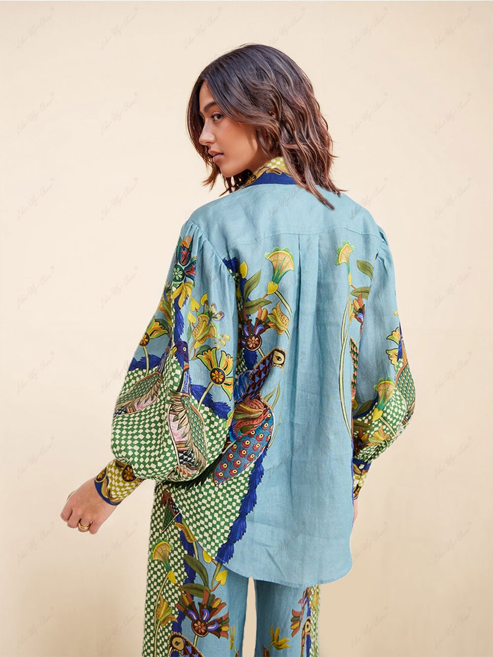 Clara - Unique Printed Puff Sleeve Holiday Casual Lanyard Suit