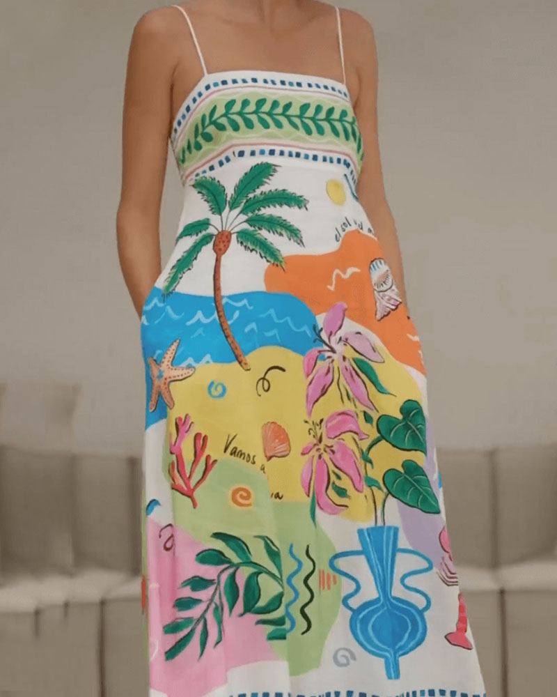 Malia - Island print suspender dress