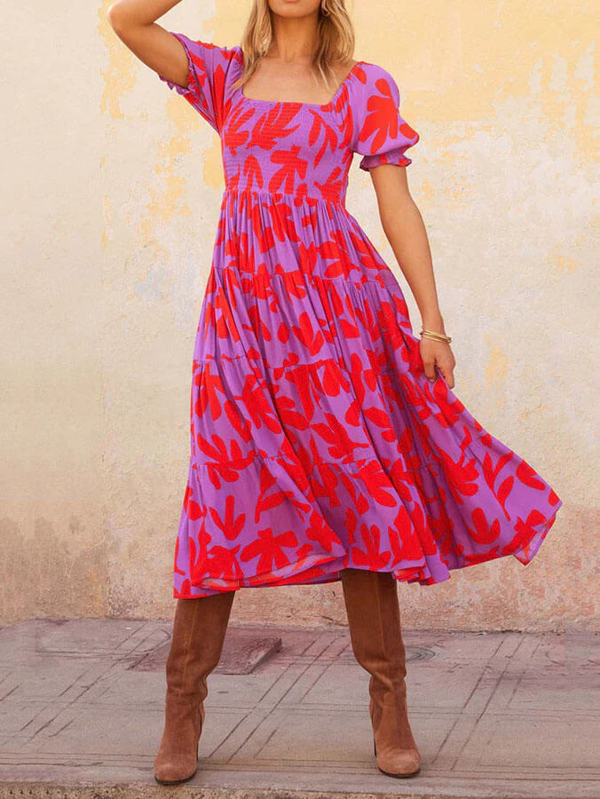 Pearl - Puff Sleeve Square Neck Printed Midi Dress