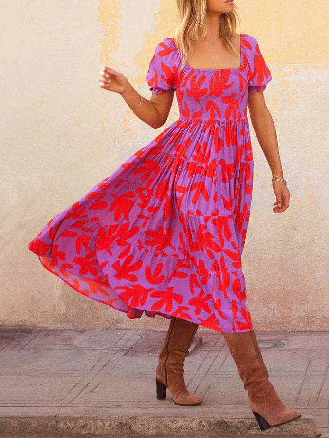 Pearl - Puff Sleeve Square Neck Printed Midi Dress