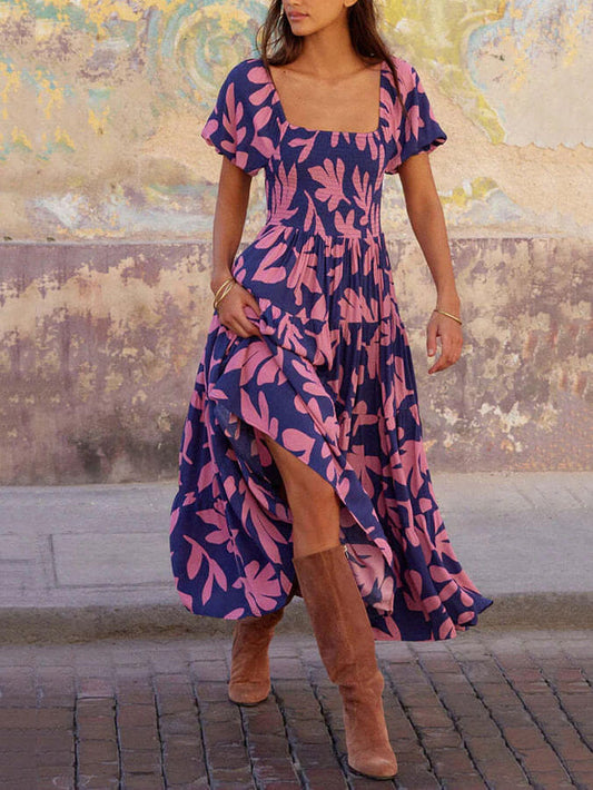 Pearl - Puff Sleeve Square Neck Printed Midi Dress