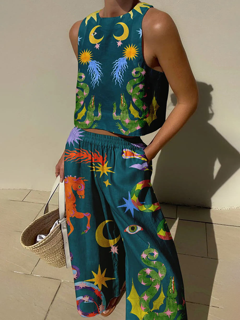 Jade - Unique Print Tank And Elastic Waist Pocketed Pants Set