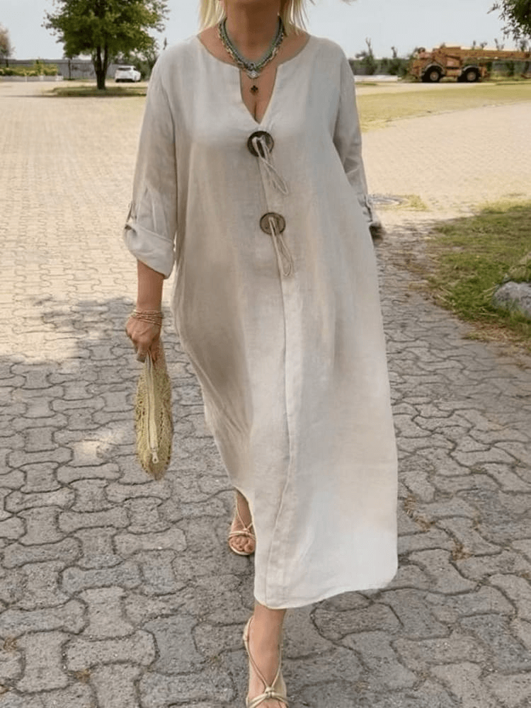 CELENE™| V-NECK COTTON LINEN DRESS