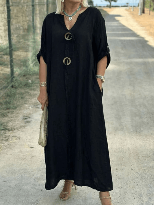 CELENE™| V-NECK COTTON LINEN DRESS