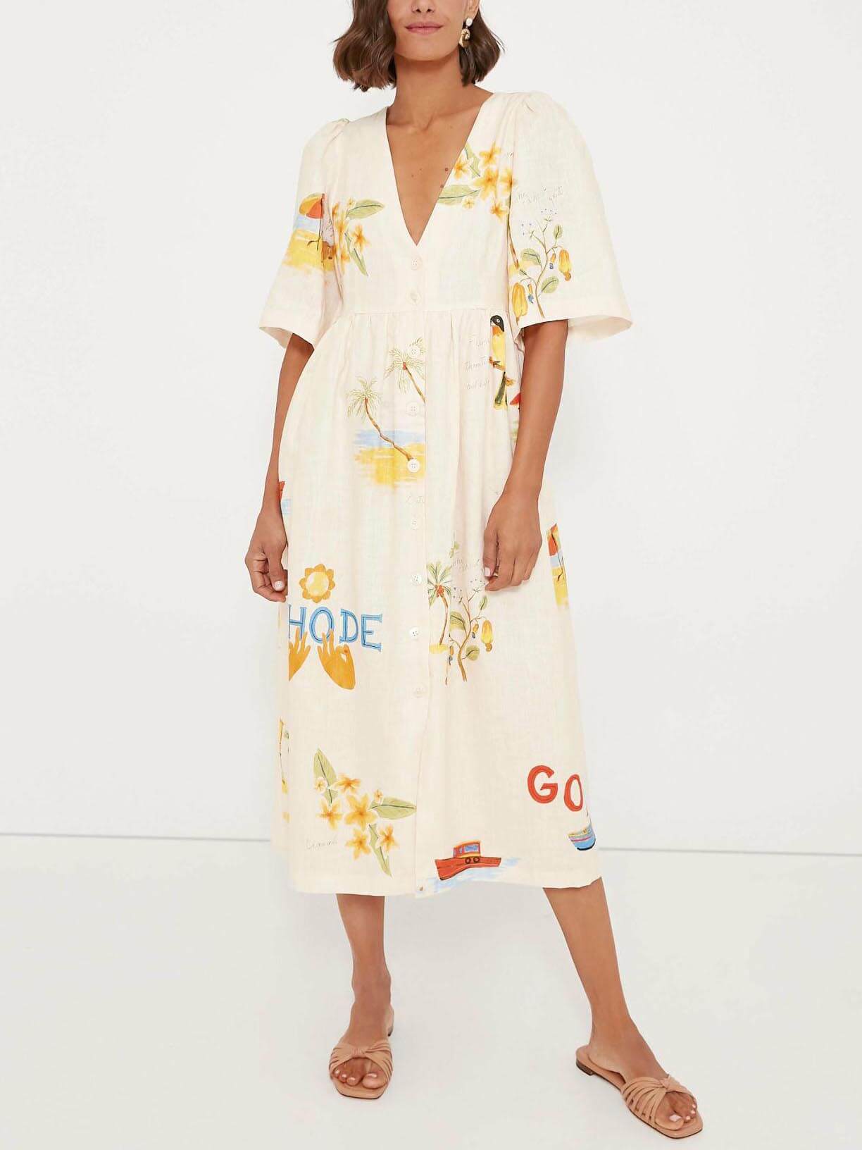 Yara - Unique Holiday Folk Floral Print Puff Sleeve Midi Dress