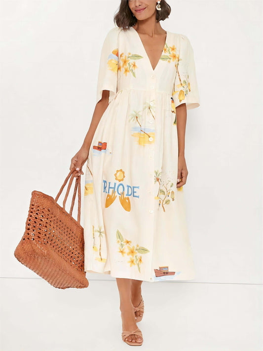 Yara - Unique Holiday Folk Floral Print Puff Sleeve Midi Dress